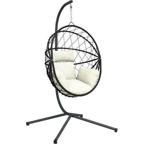 Fauteuil suspendu en forme d'œuf, rotin beige et structure en acier (1/5)