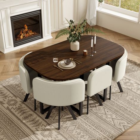 Juego de comedor para 6 personas (140x90x73 cm), con sillas que se guardan bajo la mesa, lino, MDF, beige y nogal (1/5)