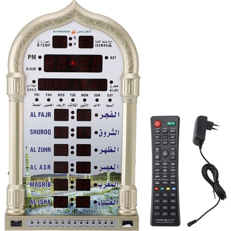 Reloj de Pared LED para Oración Islámica, Diseño Europeo en ABS 39x22cm con Control Remoto y Hora Azan Precisa – Ideal para el Hogar (1/5)