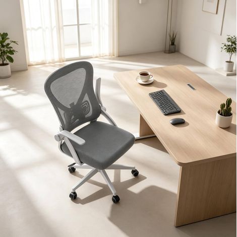 Ergonomischer Bürostuhl drehbar aus grauem Netzgewebe, neigbare Rückenlehne, hochklappbare Armlehnen (1/5)