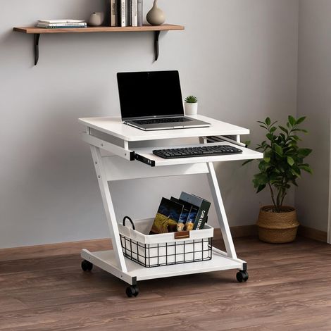 Bureau d'ordinateur mobile blanc avec étagère et plateau (1/5)