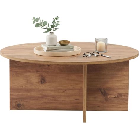 Couchtisch Simbario, Rund, Platte aus veredeltem Holz, Braun, 90x90x40h cm, Eiche Knoten Braun