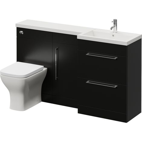 Napoli 390 Matt Black 1500mm 2 Drawer Vanity Unit Toilet Suite with Right Hand Square Lucia Basin - 1500mm - Chrome 320mm HandleWith Kingston Toilet Pan and Seat