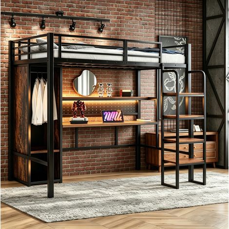 MEUBLIV Lit mezzanine 90 x 200 cm, lit en fer avec bureau, armoire, étagère panneau de rangement, éclairage LED pour adolescents (1/5)