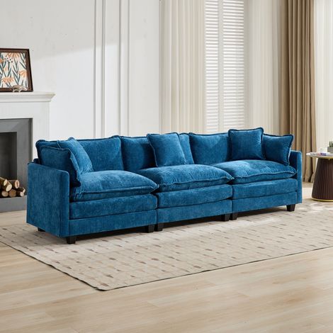 Canapé, en tissu et chenille, 3 places, avec coussin, bleu, pour chambre, coussin double couche, tissu chenille respirant, idéal pour salon