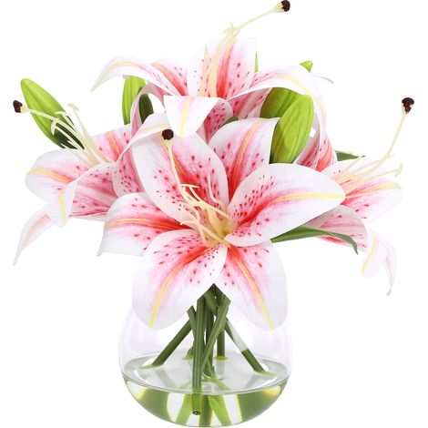 Fleurs de lys artificielles avec Vase, Arrangement rose, Design réaliste pour la maison, le bureau, décoration de mariage, centre de Table (1/5)