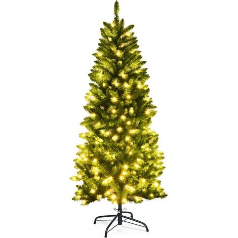 5FT Pre-Lit Artificial Christmas Tree Hinged Pencil XmasTree w/ 150 Warm Lights (1/5)