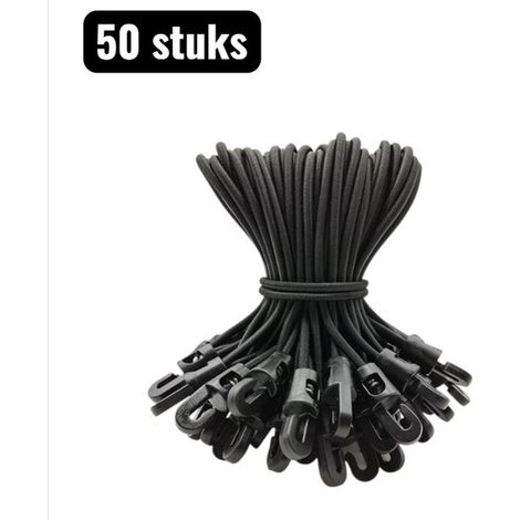 Lot de 50 cordes élastiques de 25 cm avec Touwen - Mini cordons élastiques - Sangles d'arrimage en Crochet pour moto et camping - Zwart (1/5)