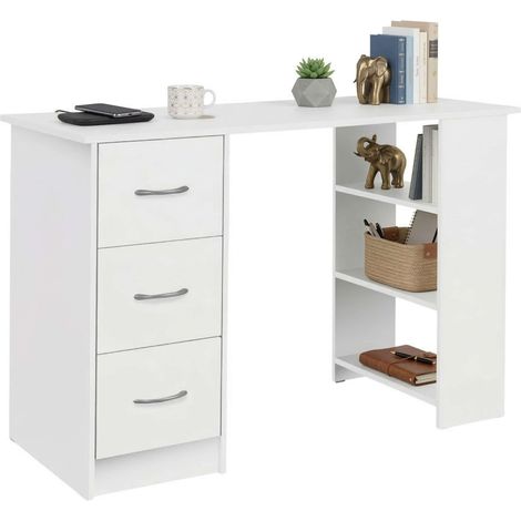 Escritorio con 3 Cajones Jobbi, Mesa de Ordenador 3 Estantes Blanco Mate 115x75x49 cm