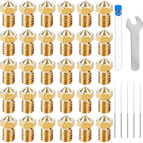 30 PCS Buse imprimante 3D,Buses D'extrudeuse,Pour L'imprimante 3D De Filament De 1.75mm E3D V5-V6,En Laiton 0.4mm Extrudeuse Nozzle D'imprimante 3D,Acier Inoxydable Aiguilles Buse De Nettoyage (1/5)