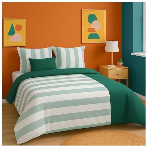 Parure de lit - CÔTÉ DÉCO - Rayé Vert et Blanc - Coton 100% - 220x240 cm - 2 taies 63x63