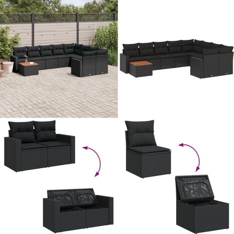 10-tlg. Garten-Sofagarnitur mit Kissen Schwarz Poly Rattan - Gartenmöbel Set - Outdoor Möbel - Rattan Gartenset - PE-Rattan - Esstisch - Home & Living (1/5)