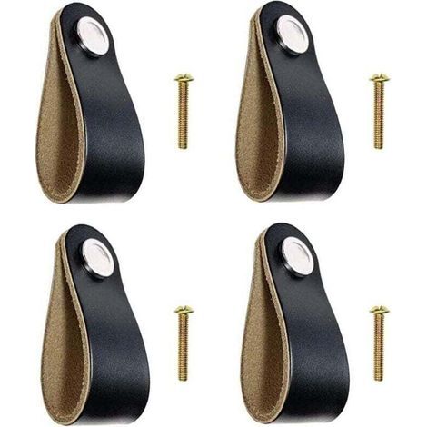 4pcs poignées en cuir poignées de tiroir en cuir boutons de placard en cuir noir avec vis pour placard de cuisine meubles armoire commode tire bouton poignées de porte matériel (1/4)