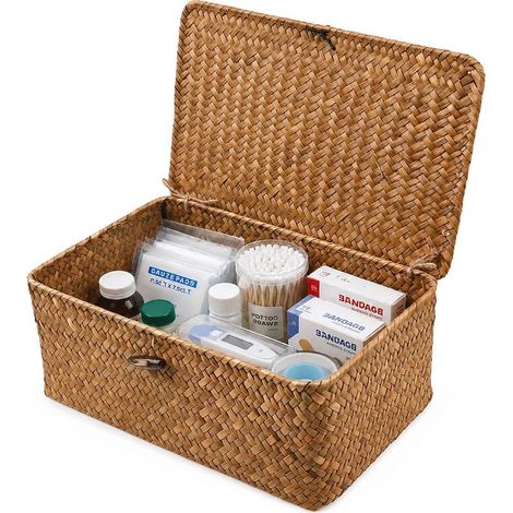 - Boîte de rangement en rotin tressé avec couvercle, Paniers à linge en jonc de mer, Organiseur de maquillage, Pour salle de bains (1/4)