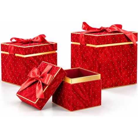 Set 3 Scatole Quadrate Decorazione Natalizia Rosso 16/20/25cm Scatola con Fiocco (1/5)