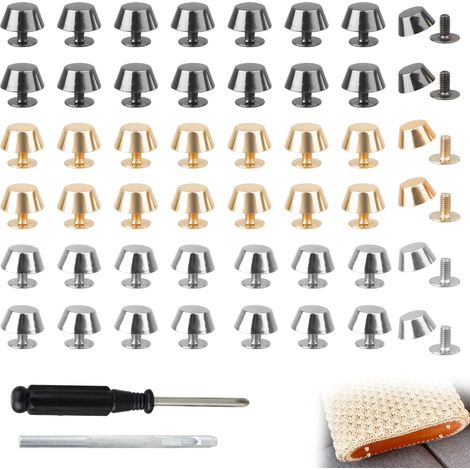60 Pièces Pied de Sac, Pieds de Sac a Main, Rivets en Cuir, Plat en Métal Sac Pied, Rivets Champignon, avec Poinçon Creux En Cuir et Tournevis pour Sacs et DIY (Noir, Or, Argent) (1/5)