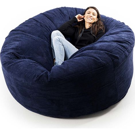 Pouf rond XXL déhoussable en velours côtelé bleu marine – Remplissage billes de polystyrène – 150 cm ∅ x 90 cm – Pour salon et chambre (1/5)