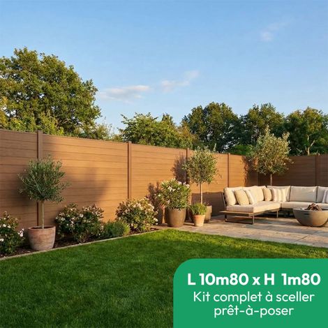 Kit complet clôture composite et aluminium à sceller H 1m80 L 10m80 marron teck avec renforts acier - Palissade - Brise vue (1/5)