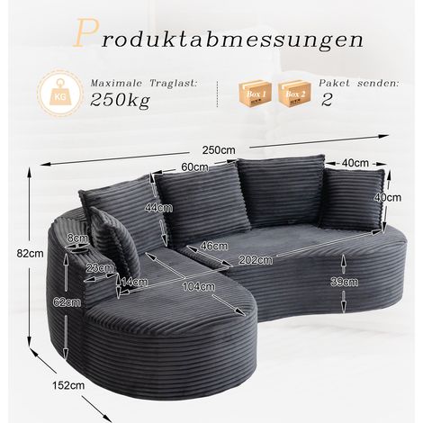 Canapé en velours côtelé, respirant et doux, avec rangement latéral et porte-verre. Mousse haute densité pour assise confortable. Coussin compressé inclus, prêt à l'emploi. Idéal pour salon. (1/4)
