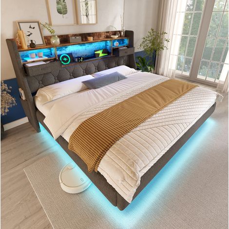 Lit 140x200 LED avec rangement, lin gris HAVRYA (1/5)
