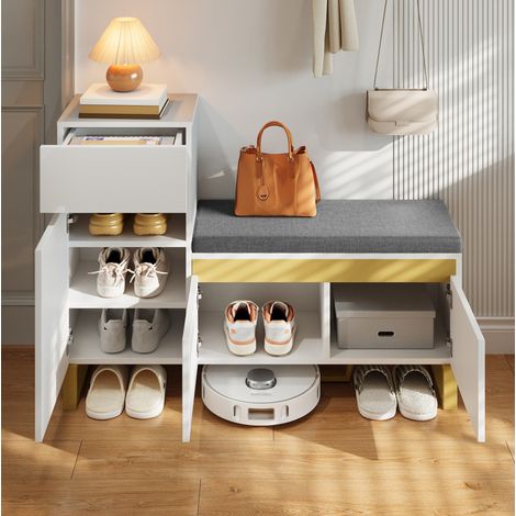 Zapatero 120x35x85 cm blanco en MDF con banco acolchado, cajón y puertas (1/5)