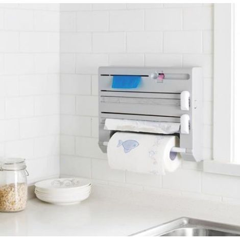 6 En 1 Cuisine Distributeur de Rouleau Support de Papier Film d\'Aluminium Cuisine Découpe Facile Murale Gris (1/3)