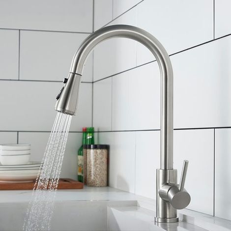 Mitigeur d'évier en inox brossé avec pommeau extractible, robinet de cuisine pivotant 360°, douchette 3 jets, pour bac et plan de travail (1/2)