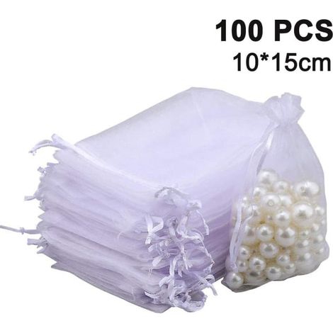 Pochettes à bijoux blanches transparentes à cordon, 10 x 15 cm, lot de 100, idéales pour les mariages, les fêtes et Noël. Pochettes cadeaux à cordon. (1/5)
