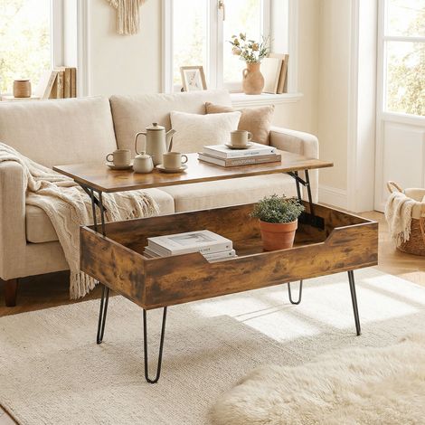 Table Basse Rectangulaire en Bois avec Grand Rangement Caché. Hauteur Réglable. 95 x 50 x 40 cm. Marron Rustique (1/5)