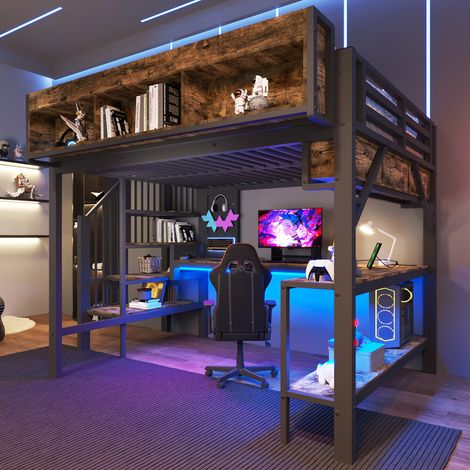 Lit Mezzanine 140x200 avec LED et prise USB-C, Lit Superposé Enfant 2 Places avec bureau d'angle intégré, rangements, panneau perforé, Grand lit surélevé (sans matelas)