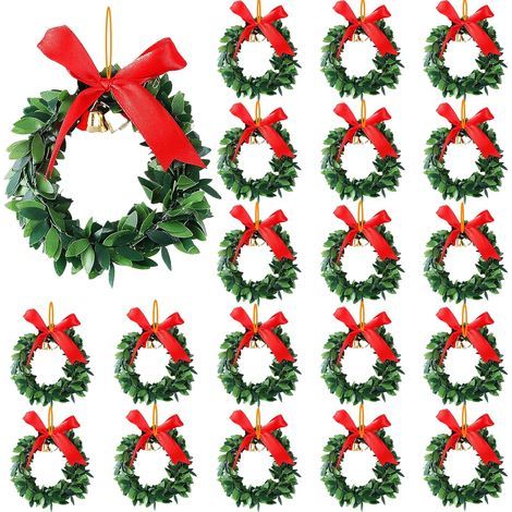 Set mit 20 Mini-Weihnachtskränzen mit roter Schleife und goldenen Glöckchen – Künstliche Weihnachtskränze – Dekoration für die Haustür, die Weihnachtszeit und als Wohnaccessoires (1/5)
