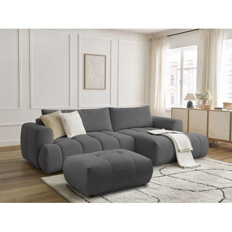 BOBOCHIC - Canapé d'angle convertible FUJI tissu lisse avec pouf Angle droit  Gris foncé (1/5)
