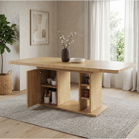 Tavolo da pranzo allungabile 180x80x75 cm, con contenitore, piano spesso, in MDF, color rovere (1/5)