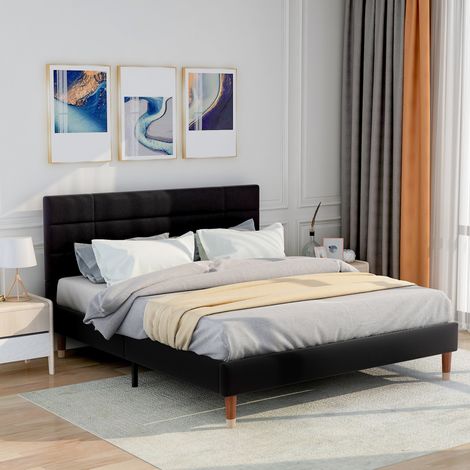 MEUBLIV Lit 140x200 cm noir – avec tête de lit et sommier à lattes, sans matelas (1/5)