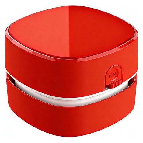 Aspirateur de table compact rouge fonctionnant avec des piles AA (piles non incluses), longue autonomie et tête de nettoyage rotative à 360°. (1/4)