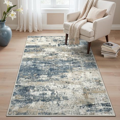Tapis Salon Résumé 120x170cm Lavable en Machine Rug AntidéRapant Poil Ras, pour Chambre Salle a Manger Descente de Lit Bureau, Cuisine, Bleu Ardoise et Taupe (1/5)