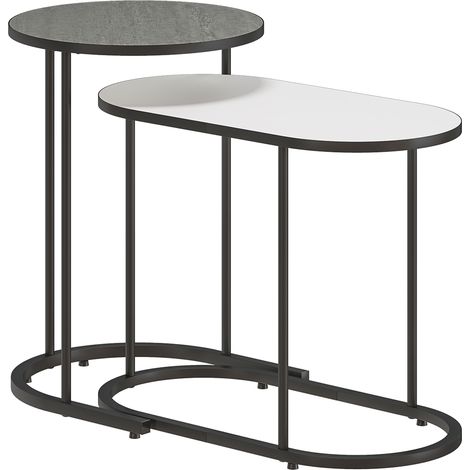 Set 2 Tavolini da Salotto Impilabili con Telaio in Metallo Grigio e Bianco