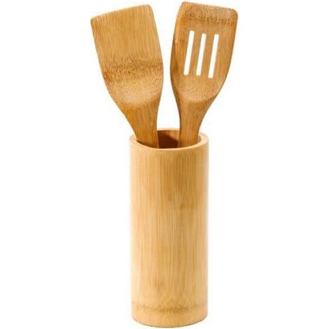 5 Ustensiles de Cuisine en Bambou avec Support de Rangement (1 Cuillère, 2 Spatules, 1 Écumoire et 1 Pince) (1/4)
