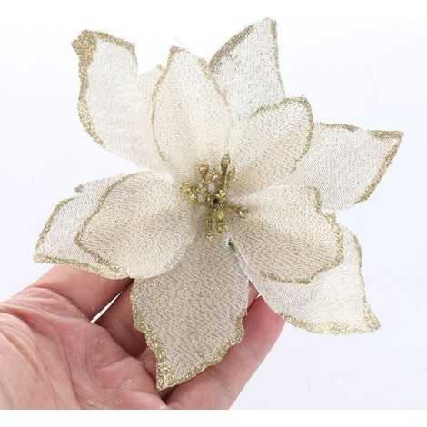 Lot de 12 fleurs artificielles pailletées pour sapin de Noël, dorées, 13 cm (1/5)