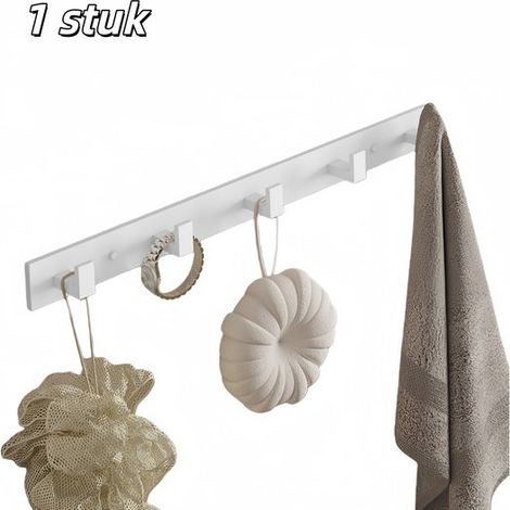 1 pieza, Perchero, Gancho para puerta, Construcción robusta de aluminio, No requiere perforación, baño, cocina y sala de estar, 5 ganchos, Blanco (1/5)
