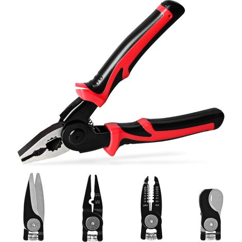 Lot de pinces multifonctions 5 en 1 avec 5 têtes d'outils interchangeables – Pince à dénuder les fils électriques, pince à sertir, coupe-câble, ciseaux d'électricien, pince à ligne – Ensemble (1/5)