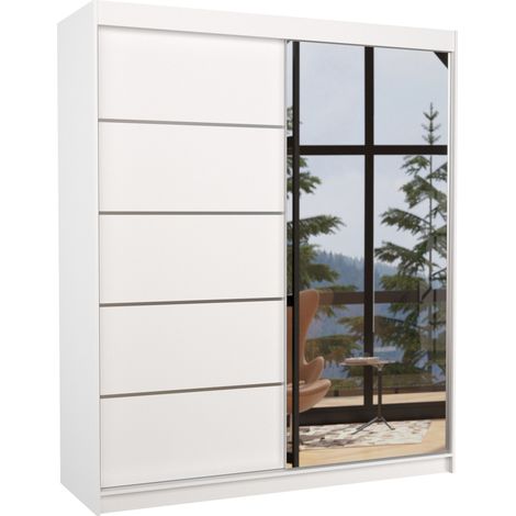 Armoire de chambre design blanche 2 portes coulissantes bois blanc et alu avec miroir Karena 180cm (1/5)