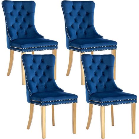 Lot de 4 chaises de salle à manger en velours bleu, pieds dorés, capitonnées (1/5)