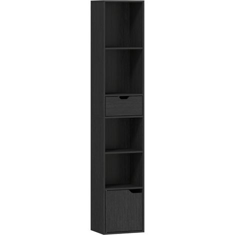 Librería de 6 baldas con cajón y balda ajustable, mueble de almacenamiento independiente, 30 x 24 x 158 cm, negro. (1/5)