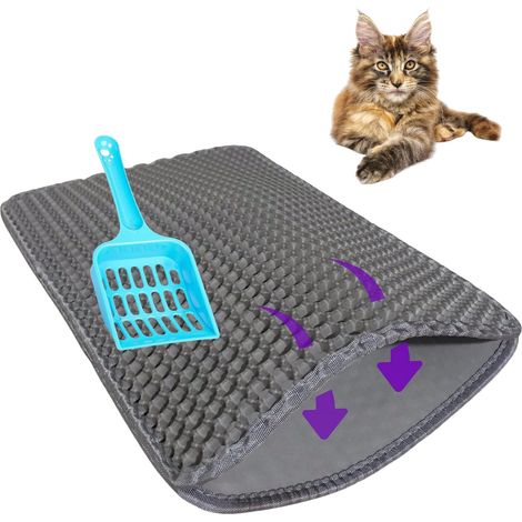 Tapis litière Chat et Pelle|60x40 cm antidérapant Double Couche avec alvéoles nid d'abeille imperméable, protège Sol Lavable, retient Grains, récupérateur ramasse-litière, collecteur résistant (Gris) (1/5)