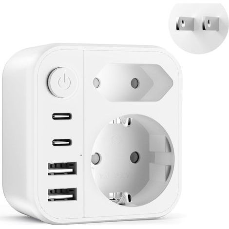 6-in-1-Netzteil für Japan, 2500-W-Reiseadapter mit 2 USB-C-Anschlüssen und 2 USB-A-Anschlüssen, Schuko-auf-USB-A-Adapter für die USA, China, Kanada, Thailand und Japan (1/5)