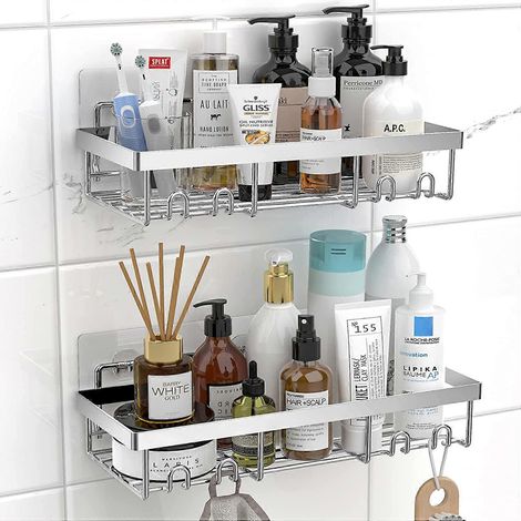 MOFOROCO Étagère de douche adhésive noire (lot de 2) - Panier de rangement mural décoratif pour salle de bain et douche - Argent (1/4)