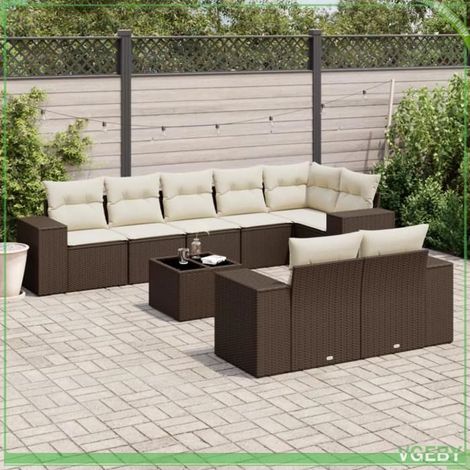Salon de jardin - Ensemble 9 pcs - Résine tressée marron - Coussins déhoussables crème - Rangement sous assise (1/3)