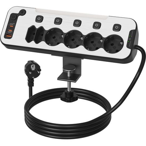 Multiprise de Bureau avec USB C PD20W Charge Rapide,Rallonge Câble 2m,Noir Prise Multiple avec Interrupteur Individuel,6 Prises D'Angle Bloc Prise Parafoudre Surtension avec Support de Table Amovible (1/5)