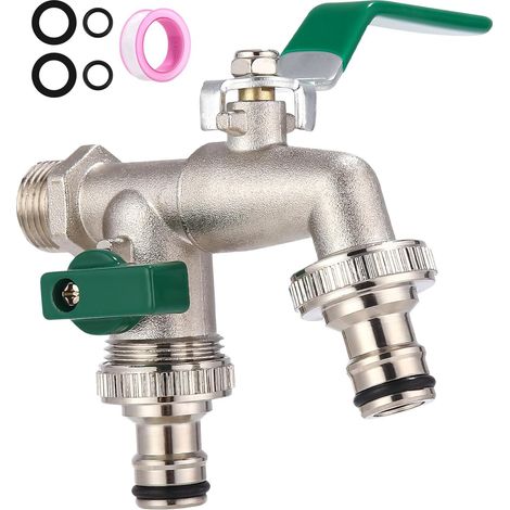 Robinet double jardin 3/4 pouce, Robinet extérieur antigel en laiton avec 2 sorties, kit complet avec joints et ruban d'étanchéité pour arrosage, ménage et industrie (1/5)